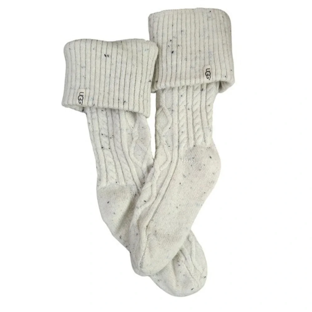 UGG Laila Tall Cable Knit Socks Cream Speckle Fold Over Cuff  Boot Socks‎  LG